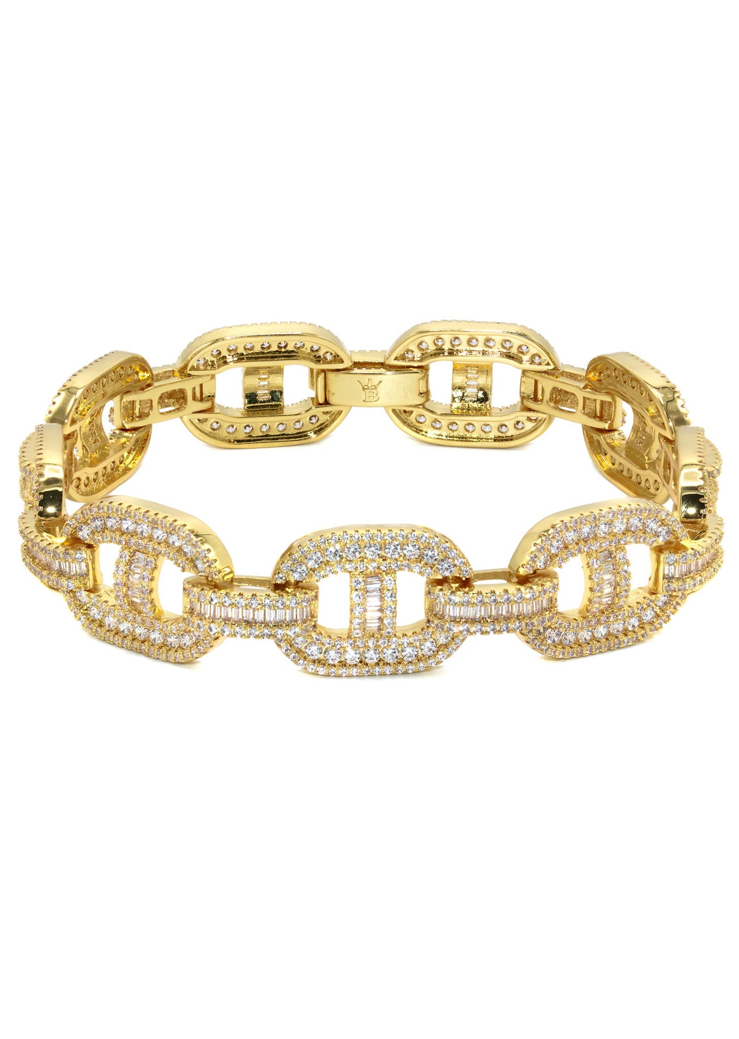Gold Jewelry - Mens 14K Gold Iced Out VVS Baguette Mariner Bracelet