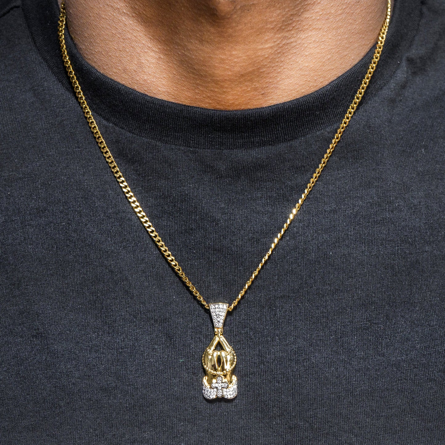 Mens Jewelry - Gold Iced Out VVS Praying Hands Necklace | Appx. 12 Grams