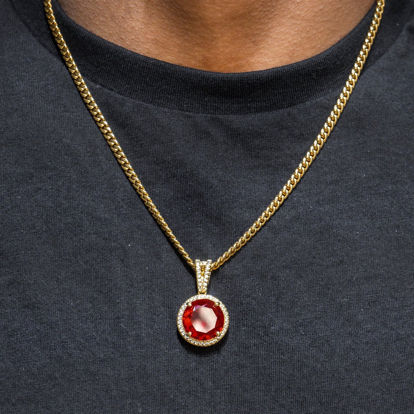 Mens Jewelry - Gold Iced Out VVS Ruby Necklace | Appx. 15.4 Grams