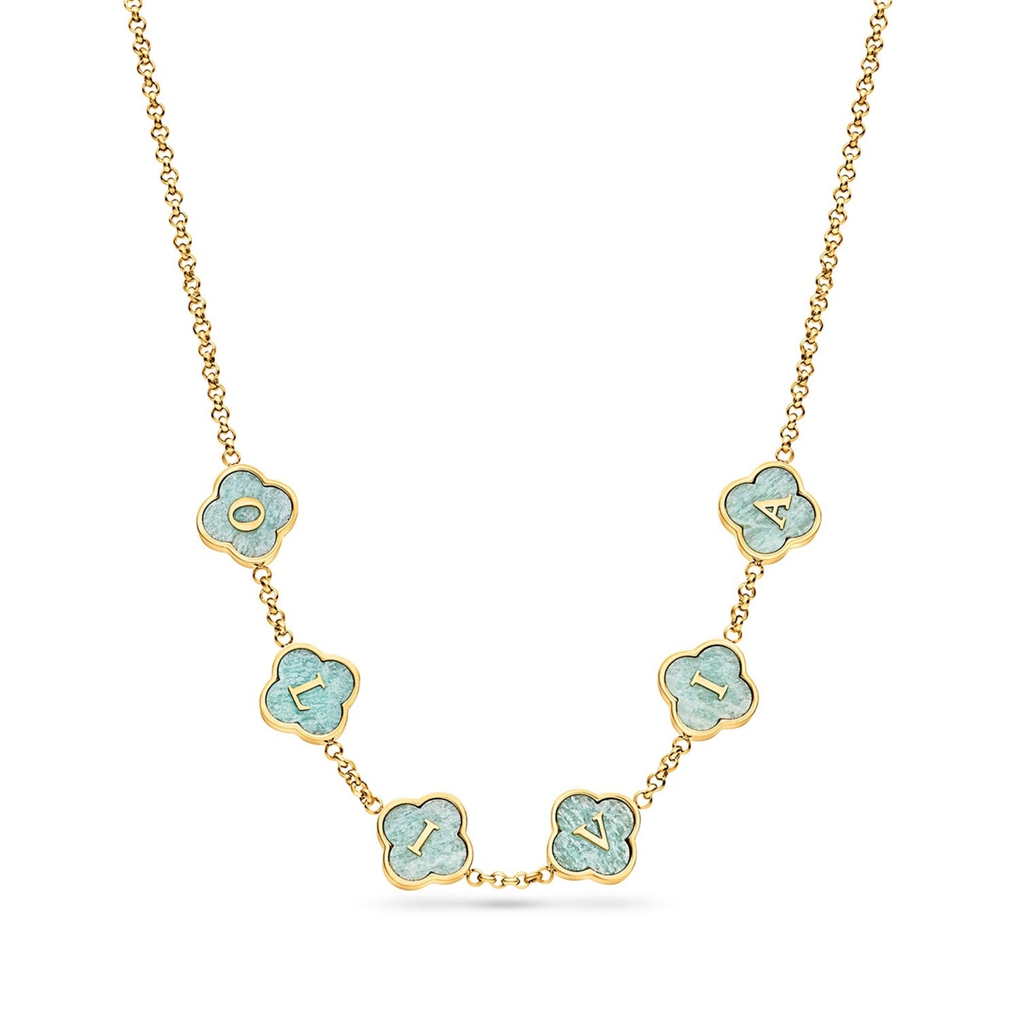Amazonite Clover Custom Name Necklace (Gold)