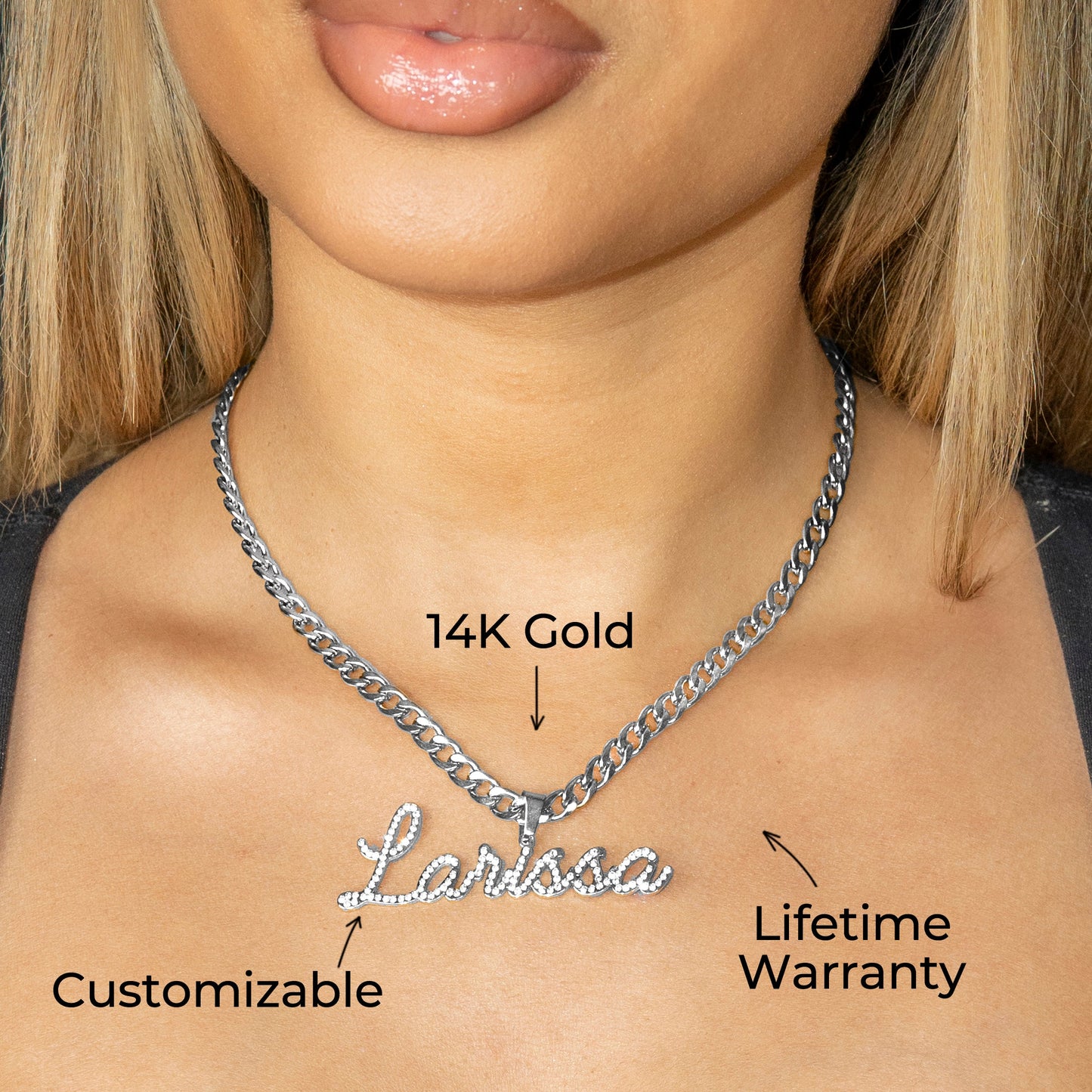Women Jewelry - White Gold Iced Out VVS Name Necklace | Style # N26