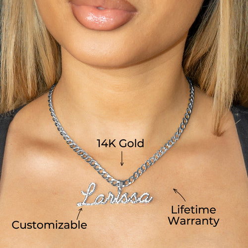 Women Jewelry - White Gold Iced Out VVS Name Necklace | Style # N26