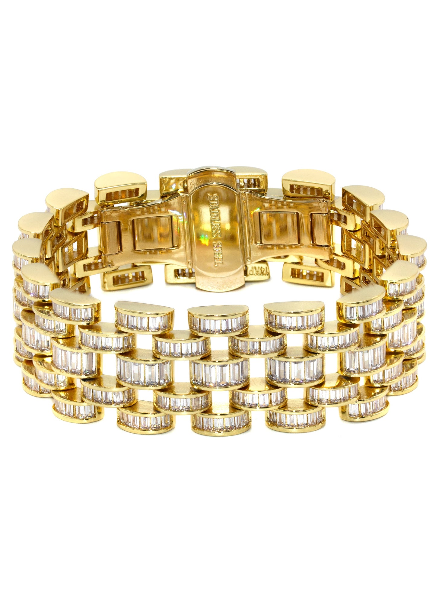 Gold Jewelry -  Mens 14K Gold Iced Out VVS Baguette Presidential Band Bracelet